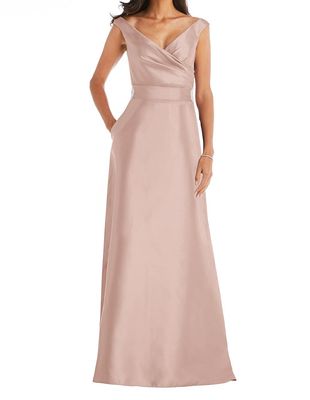 Alfred Sung Women's Off-the-Shoulder Draped Wrap Satin Maxi Dress in Toasted Sugar