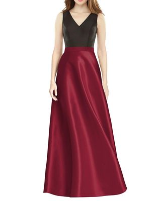Alfred Sung Women's Sleeveless A-Line Satin Dress with Pockets in Burgundy