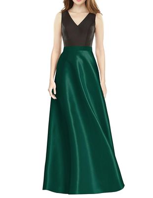 Alfred Sung Women's Sleeveless A-Line Satin Dress with Pockets in Hunter
