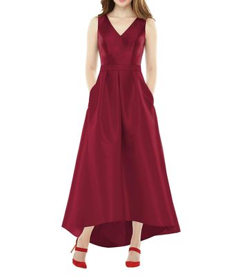 Alfred Sung Women's Sleeveless Pleated Skirt High Low Dress with Pockets in Burgundy