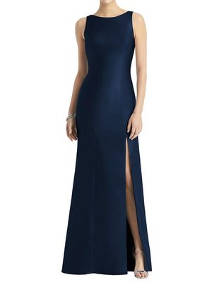 Alfred Sung Women's Sleeveless Satin Trumpet Gown with Bow at Open-Back in Midnight