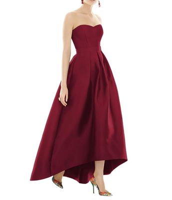 Alfred Sung Women's Strapless Satin High Low Dress with Pockets in Burgundy