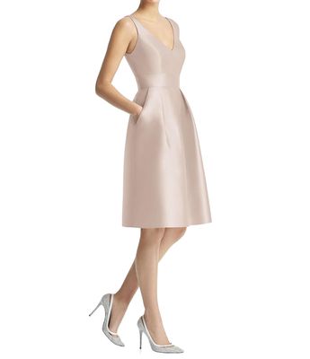 Alfred Sung Women's V-Neck Pleated Skirt Cocktail Dress with Pockets in Cameo