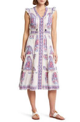 ALICIA BELL Blake Ruffle Cotton & Silk Cover-Up Midi Dress in Blue Pink Paisley