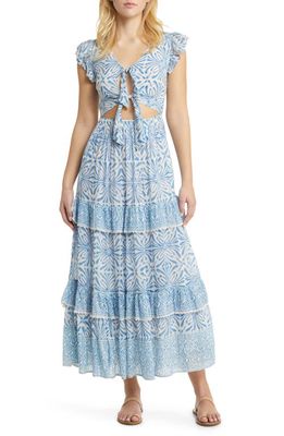 ALICIA BELL Cutout Tie Front Cotton & Silk Cover-Up Maxi Dress in Blue Psychedelic