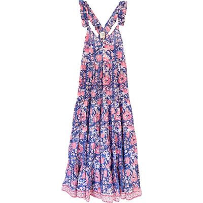 ALICIA BELL Harlow Floral Tiered Cotton Maxi Sundress in Medium Blue 