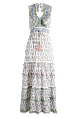 ALICIA BELL Harper Floral Ruffle Neck Tiered Cotton & Silk Maxi Dress in Green 