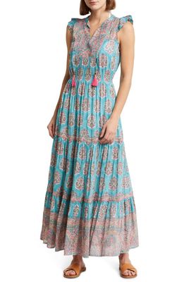 ALICIA BELL Lola Ruffle Cotton & Silk Cover-Up Maxi Dress in Teal And Pink Print