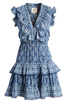 ALICIA BELL Rainey Mixed Floral Ruffle Tiered Cotton & Silk Cover-Up Dress in Indigo Print