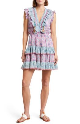 ALICIA BELL Rainey Mixed Floral Ruffle Tiered Cotton & Silk Cover-Up Dress in Purple Print