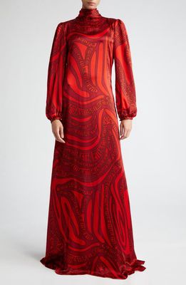 ALIETTE Logo Print Long Sleeve Silk Gown in Red