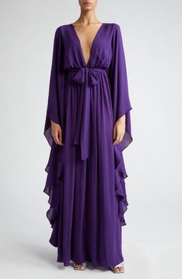 ALIETTE Plunge Neck Cape Sleeve Silk Gown in Purple