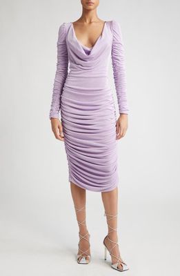 ALIETTE Ruched Long Sleeve Cowl Neck Midi Dress in Lilac