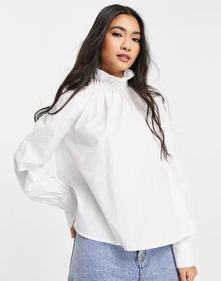 Aligne cotton frill high neck blouse in white - WHITE