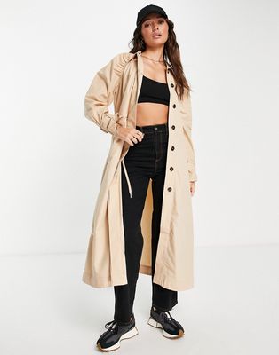 Aligne cotton trench coat with ruched shoulder detail in stone - STONE-Neutral