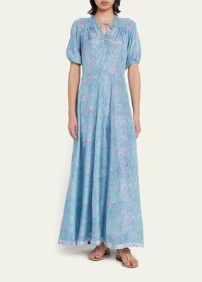 Alina Floral-Print Silk Puff-Sleeve Maxi Dress