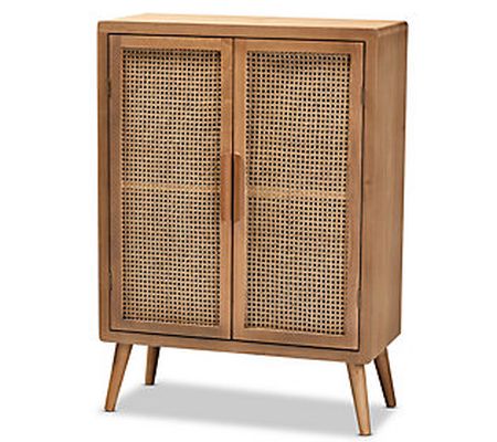 Alina Mid-Century Modern Wood and Rattan Accent Cabinet