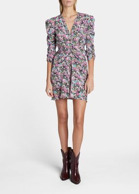 Aliniza Coral-Print Ruched Puff-Sleeve Mini Dress