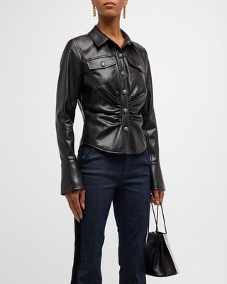 Alizee Gathered Vegan Leather Button-Front Top