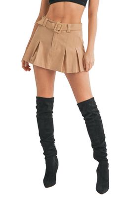 All in Favor Belted Pleated Cotton Miniskirt in Khaki
