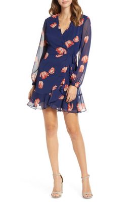All in Favor Brittany Wrap Minidress in Blue Black Floral