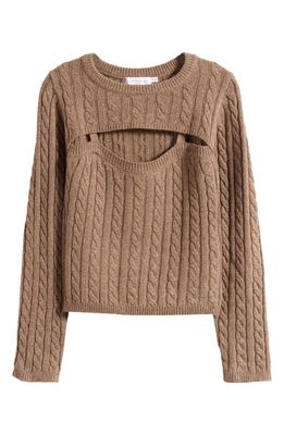 All in Favor Cable Crewneck Cutout Sweater in Brown