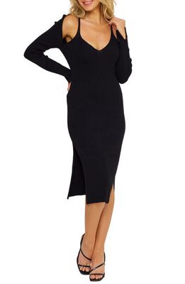 All in Favor Cold Shoulder Long Sleeve Rib Midi Sweater Dress in Black