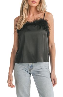 All in Favor Faux Feather Trim Satin Camisole in Black