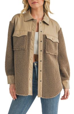 All in Favor Faux Leather & Faux Shearling Shacket in Brown