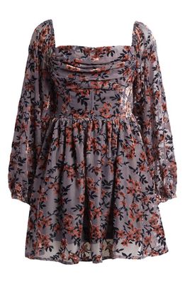 All in Favor Floral Long Sleeve Chiffon Jacquard Corset Minidress in Charcoal Plum
