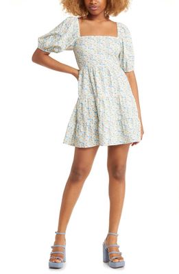 All in Favor Floral Puff Sleeve Babydoll Dress in Blue-Yellow