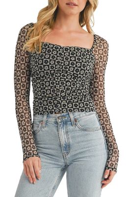 All in Favor Floral Ruched Long Sleeve Mesh Top in Black