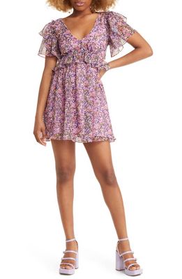 All in Favor Floral Ruffle Cutout Chiffon Dress in Purple Floral