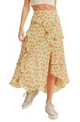 All in Favor Floral Ruffle Midi Skirt in Lime Red