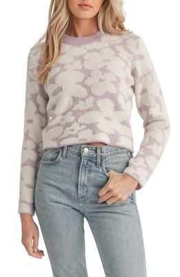 All in Favor Fuzzy Floral Jacquard Crewneck Sweater in Purple White