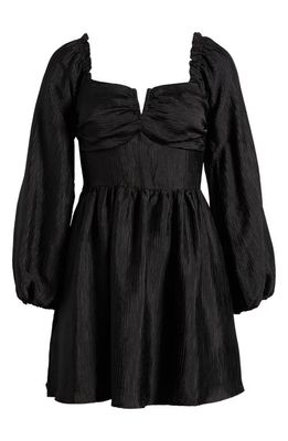 All in Favor Long Sleeve Plissé Satin Minidress in Black