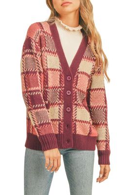 All in Favor Plaid V-Neck Cardigan in Very Berry