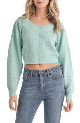 All in Favor Pointelle Scallop Crop Cardigan in Turquoise