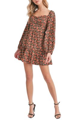 All in Favor Print Smocked Ruffle Long Sleeve Minidress in Black Floral