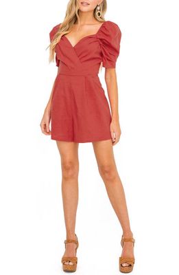 All in Favor Puff Sleeve Linen Blend Romper in Cranberry
