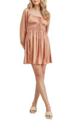 All in Favor Square Neck Long Sleeve Textured Satin Minidress in Rose Champagne