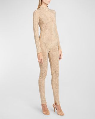 All-In-One Nude Lace Jumpsuit with Crystal Embellishment