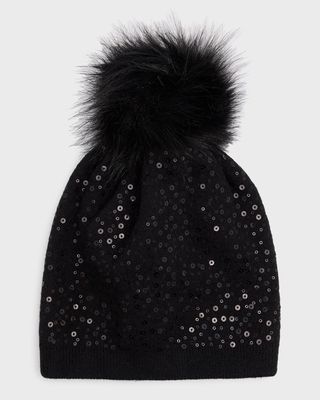 All-Over Sequin Wool-Blend Beanie With Pom