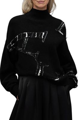 AllSaints A Star Tassel Fringed Abstract Sweater in Black/White