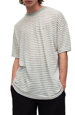 AllSaints Alva Oversize Linen Blend Stripe T-Shirt in Grey Marl/Chalk White