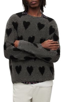 AllSaints Amore Heart Crewneck Sweater in Charcoal/Black
