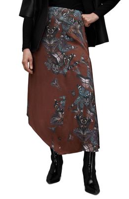 AllSaints Ani Diana Butterfly Print Asymmetric Skirt in Deep Coffee Brown