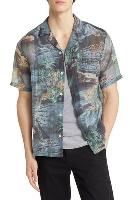 AllSaints Aquila Relaxed Fit Tropical Print Short Sleeve Button-Up Shirt in Black Multi