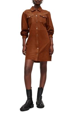 AllSaints Ava Long Sleeve Leather Mini Shirtdress in Dark Tan Brown
