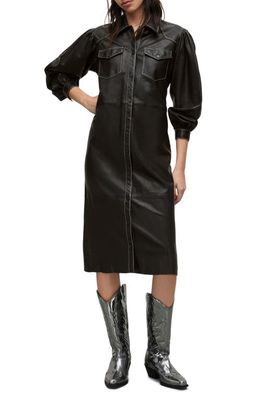 AllSaints Ava Long Sleeve Leather Shirtdress in Black